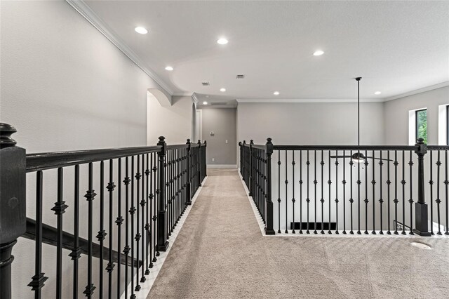 1507 Amarone Pl, Lutz, FL 33548 - hallway with ornamental molding, carpet floors, recessed lighting, and an upstairs landing