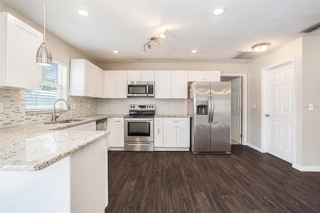 6601 N Elizabeth St, Tampa, FL 33604 - kitchen with appliances with stainless steel finishes, dark wood-style flooring, light stone counters, white cabinetry, and recessed lighting