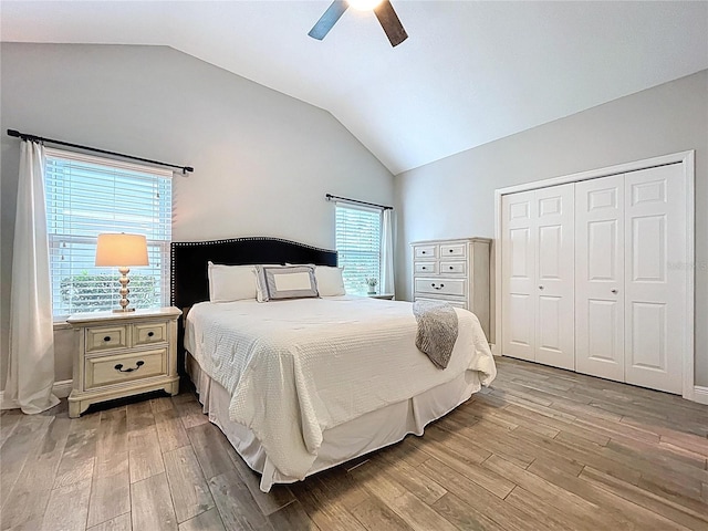 1437 Stonehenge Way, Palm Harbor, FL 34683 - bedroom with lofted ceiling, light wood-type flooring, a closet, and a ceiling fan
