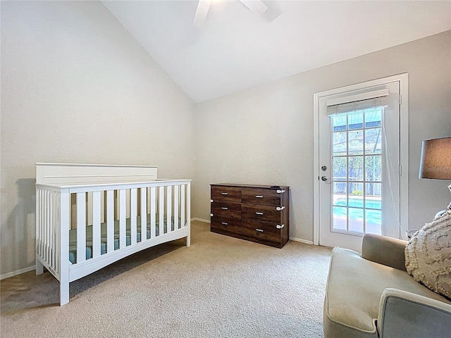 1437 Stonehenge Way, Palm Harbor, FL 34683 - carpeted bedroom featuring lofted ceiling, access to outside, and ceiling fan