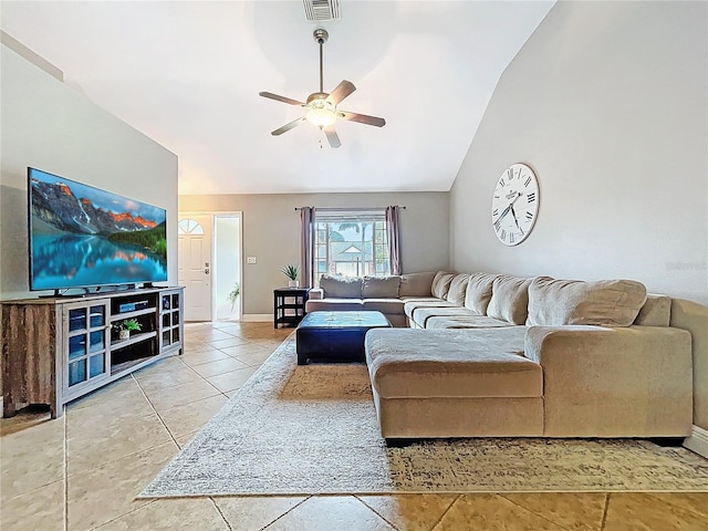 1437 Stonehenge Way, Palm Harbor, FL 34683 - living room with ceiling fan, tile patterned floors, and lofted ceiling