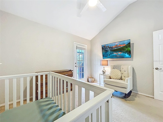 1437 Stonehenge Way, Palm Harbor, FL 34683 - bedroom featuring lofted ceiling, carpet floors, a textured wall, a ceiling fan, and a nursery area