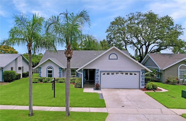 1437 Stonehenge Way, Palm Harbor, FL 34683 - ranch-style house featuring an attached garage, stucco siding, a front yard, and driveway
