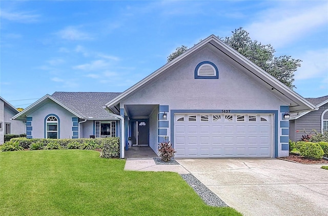 1437 Stonehenge Way, Palm Harbor, FL 34683 - ranch-style home featuring stucco siding, a front yard, concrete driveway, and an attached garage