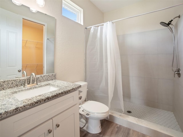 239 Burbank Ave, Lakeland, FL 33801 - bathroom with tiled shower, wood finished floors, vanity, and a spacious closet