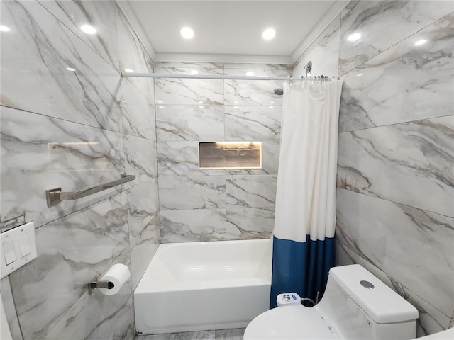 11653 Orleans Ln, Port Richey, FL 34668 - full bathroom featuring shower / bath combination with curtain, recessed lighting, and tile walls