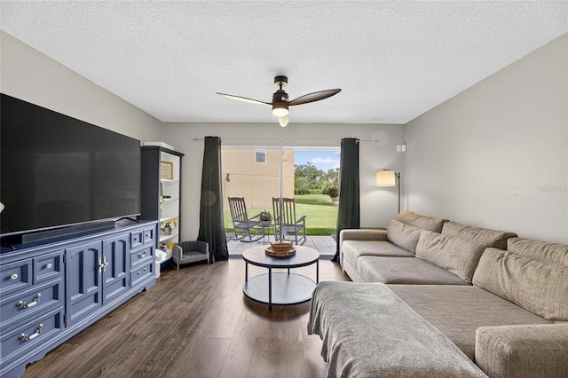 6919 Hawthorne Trace Ln, Riverview, FL 33578 - living area with ceiling fan, dark wood-style floors, and a textured ceiling