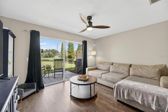 6919 Hawthorne Trace Ln, Riverview, FL 33578 - living room with ceiling fan, wood finished floors, and a textured ceiling