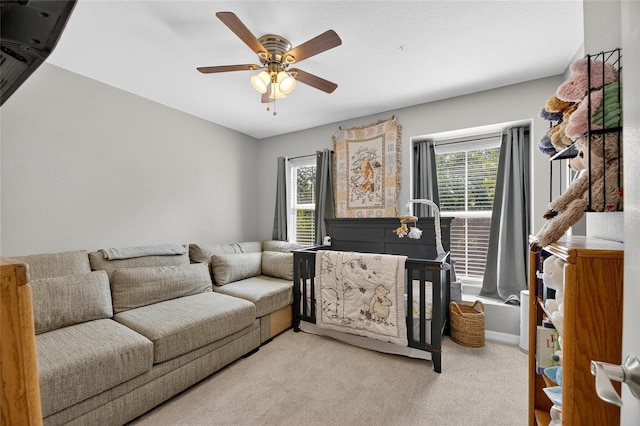 6919 Hawthorne Trace Ln, Riverview, FL 33578 - living room with light colored carpet and a ceiling fan