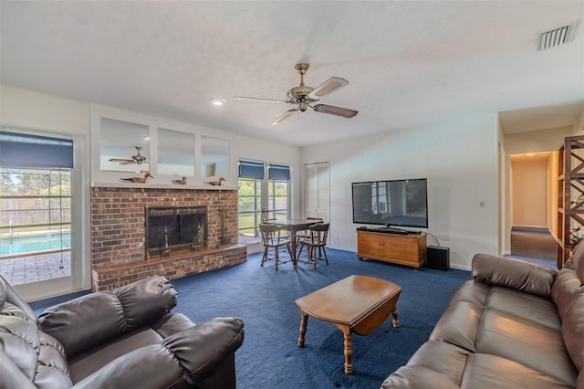 1302 Ivywood Dr, Brandon, FL 33510 - living room featuring a ceiling fan, a brick fireplace, and carpet