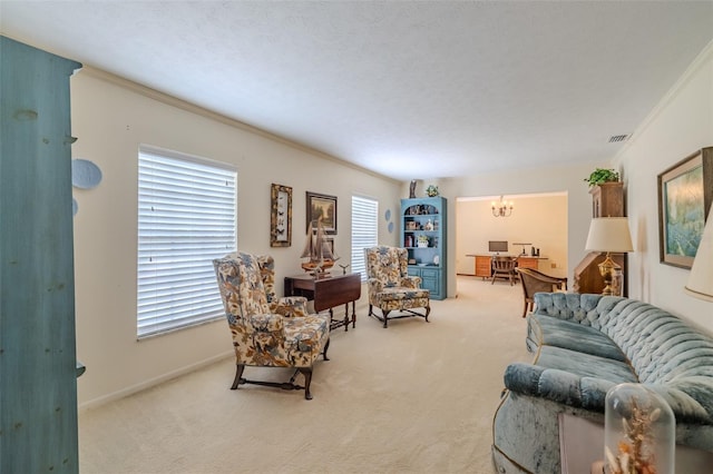 1302 Ivywood Dr, Brandon, FL 33510 - living room with light colored carpet, a chandelier, and crown molding