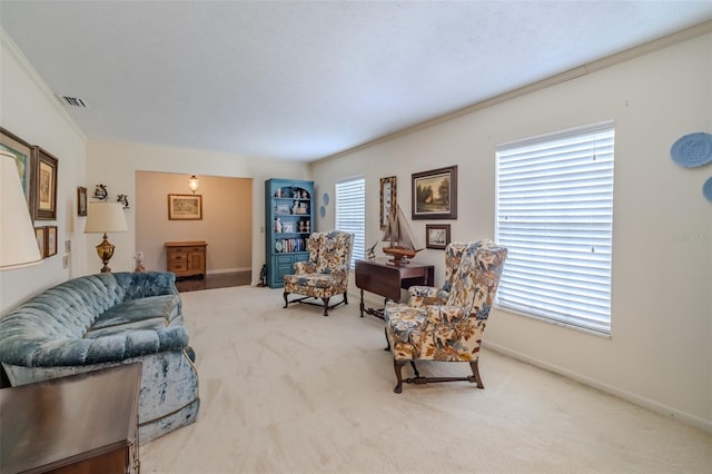 1302 Ivywood Dr, Brandon, FL 33510 - living room featuring carpet, plenty of natural light, and ornamental molding