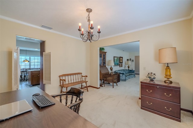 1302 Ivywood Dr, Brandon, FL 33510 - dining area with crown molding, a chandelier, and carpet floors