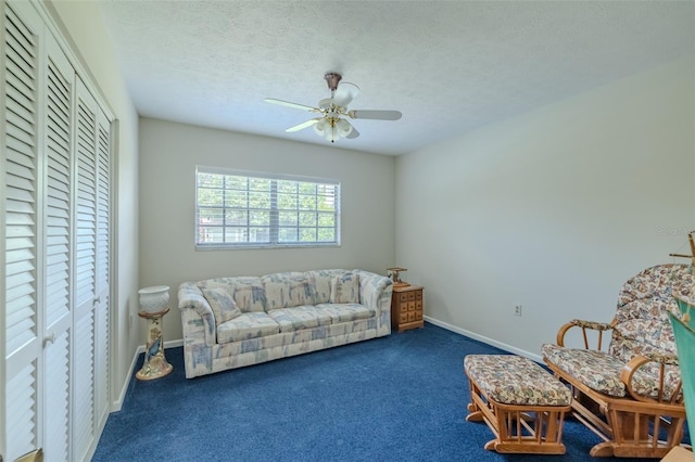 1302 Ivywood Dr, Brandon, FL 33510 - carpeted living area with ceiling fan and a textured ceiling