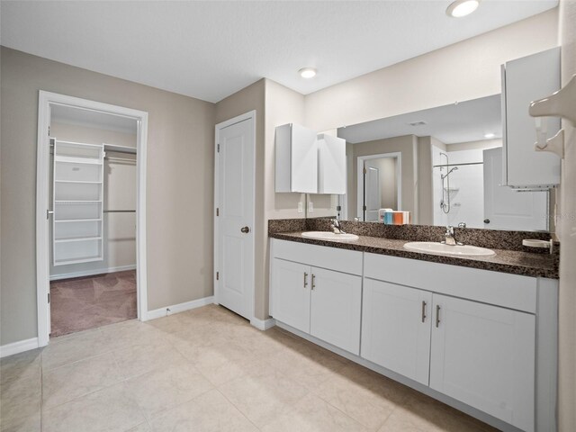 13646 Wild Ginger St, Riverview, FL 33579 - full bathroom with double vanity, a spacious closet, a shower, tile patterned flooring, and recessed lighting