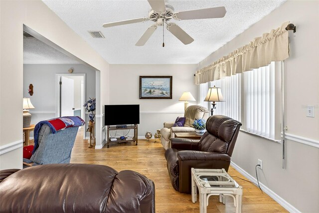 2201 Hartlebury Way Unit 2201, Sun City Center, FL 33573 - living area featuring a textured ceiling, a ceiling fan, and light wood-style floors