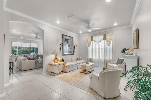 321 Silver Falls Dr, Apollo Beach, FL 33572 - living area featuring ceiling fan, light tile patterned floors, recessed lighting, and ornamental molding