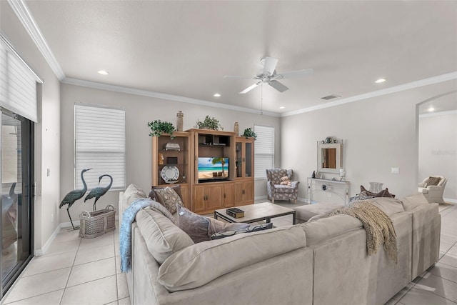 321 Silver Falls Dr, Apollo Beach, FL 33572 - living area with light tile patterned flooring, a ceiling fan, recessed lighting, and ornamental molding