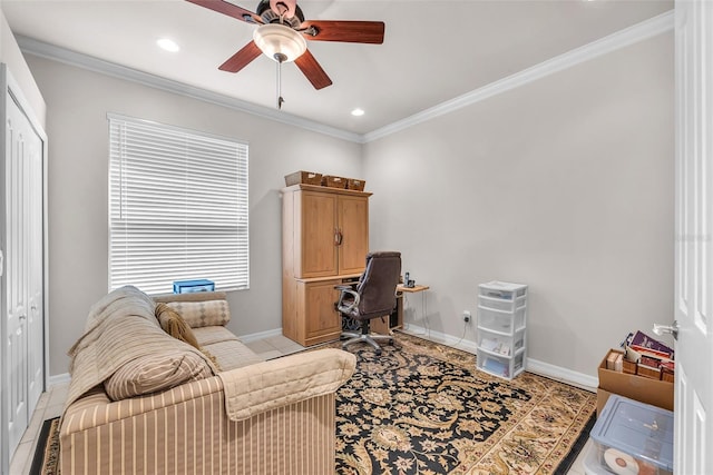 321 Silver Falls Dr, Apollo Beach, FL 33572 - office with ceiling fan, ornamental molding, recessed lighting, and light tile patterned flooring