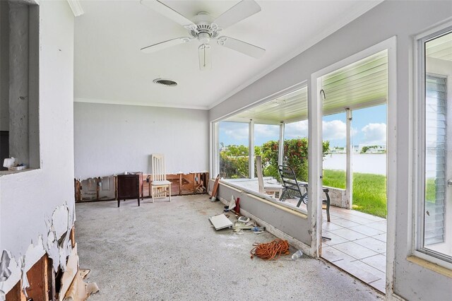 16033 Redington Dr, Redington Beach, FL 33708 - sunroom with a water view, crown molding, and ceiling fan