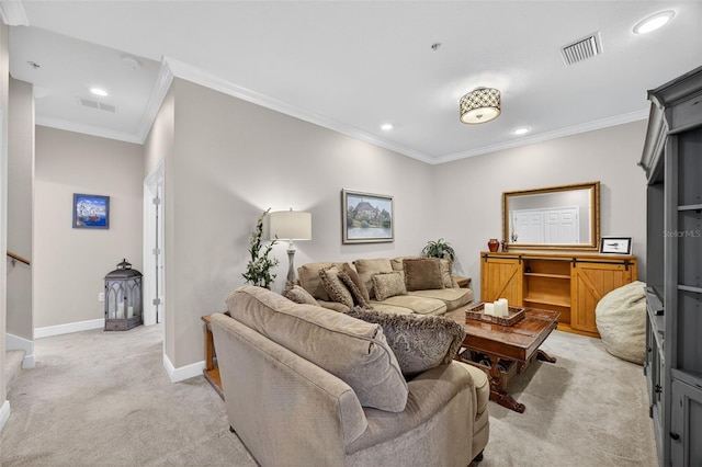 2756 Reserve Ct, Dunedin, FL 34698 - living room featuring light carpet, crown molding, recessed lighting, and stairs