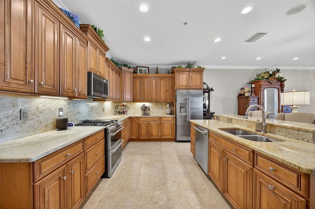 2756 Reserve Ct, Dunedin, FL 34698 - kitchen featuring high quality appliances, brown cabinets, recessed lighting, backsplash, and light stone counters