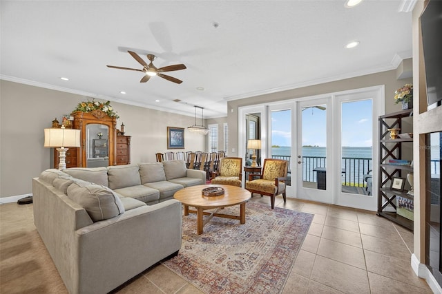 2756 Reserve Ct, Dunedin, FL 34698 - living room featuring ceiling fan, french doors, crown molding, recessed lighting, and light tile patterned floors