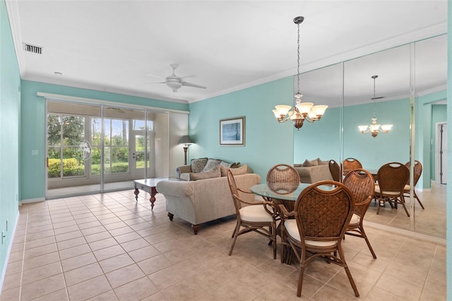 2468 Magnolia Cir, North Port, FL 34289 - dining area with light tile patterned floors, a chandelier, crown molding, and ceiling fan