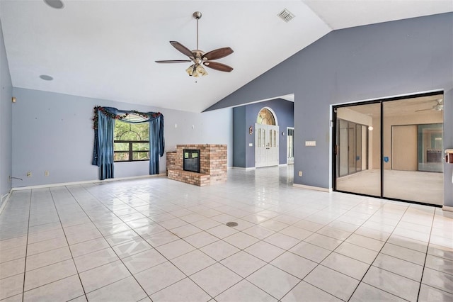 3685 N Palomino Ter, Beverly Hills, FL 34465 - unfurnished living room with ceiling fan, light tile patterned floors, high vaulted ceiling, and a brick fireplace