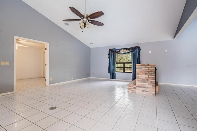 3685 N Palomino Ter, Beverly Hills, FL 34465 - unfurnished living room with high vaulted ceiling, a ceiling fan, and light tile patterned floors