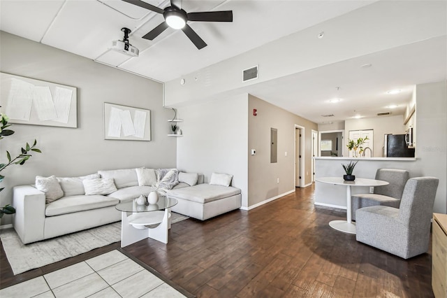1914 E 4th Ave Unit 2, Tampa, FL 33605 - living room with electric panel, a ceiling fan, and hardwood / wood-style floors