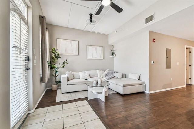 1914 E 4th Ave Unit 2, Tampa, FL 33605 - living area with a ceiling fan, electric panel, and wood finished floors