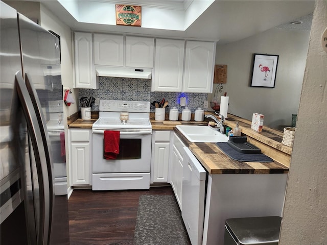6356 7th Ave W Unit 6356, Bradenton, FL 34209 - kitchen featuring white appliances, wood counters, under cabinet range hood, dark wood-type flooring, and white cabinets