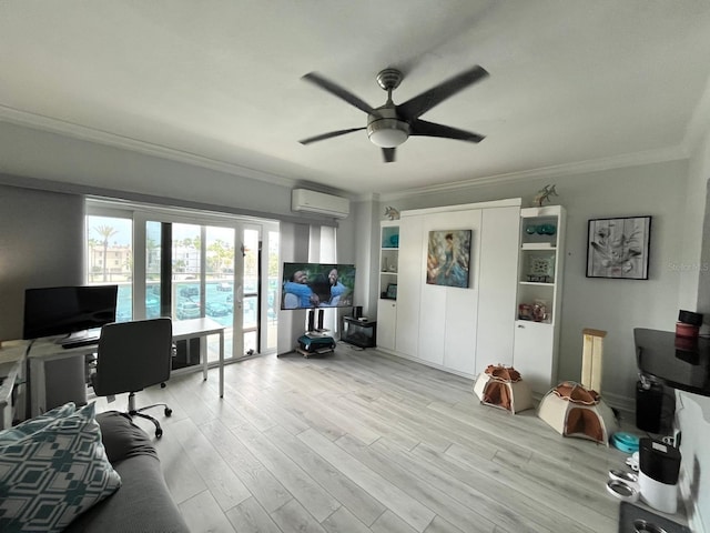 880 Mandalay Ave Unit C206, Clearwater, FL 33767 - office area with a wall unit AC, crown molding, ceiling fan, and light wood-style flooring