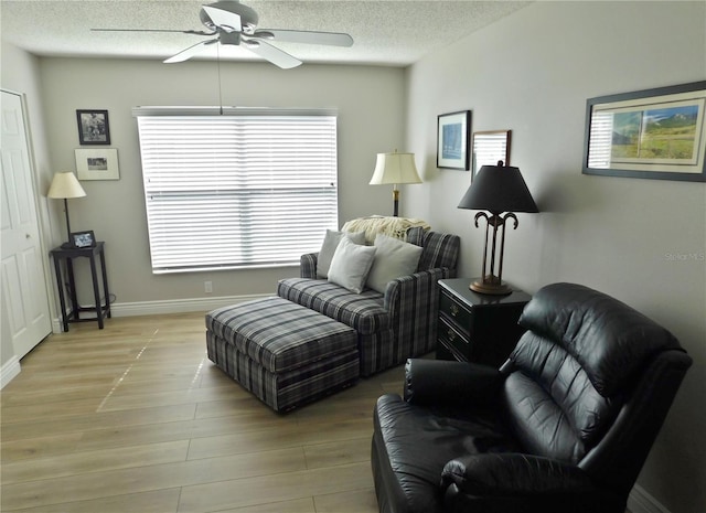 11802 Aintree Ct, Trinity, FL 34655 - living area featuring a ceiling fan, light wood-style floors, and a textured ceiling