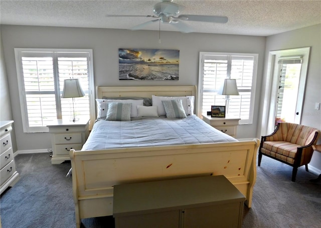 11802 Aintree Ct, Trinity, FL 34655 - bedroom featuring dark colored carpet, a textured ceiling, and ceiling fan