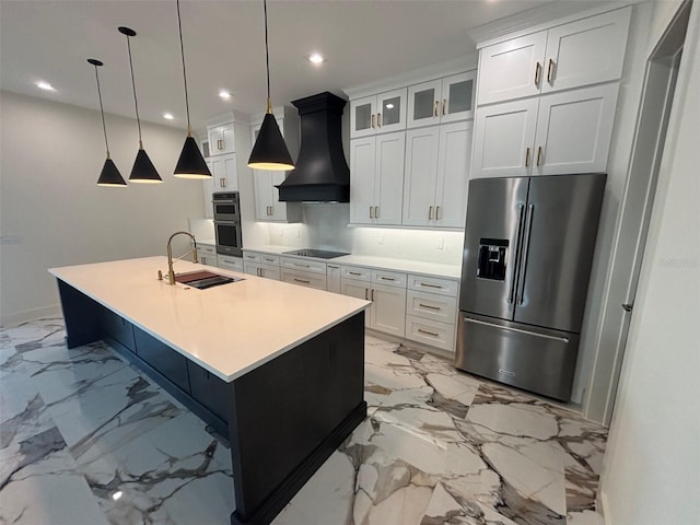 2516 W Abdella St, Tampa, FL 33607 - kitchen featuring appliances with stainless steel finishes, custom range hood, light marble finish flooring, white cabinetry, and recessed lighting