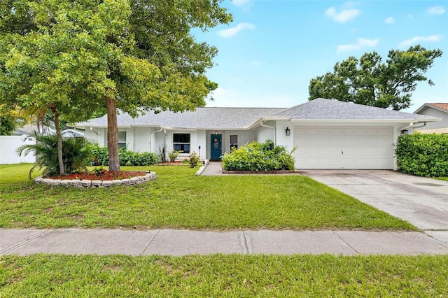 12331 Yellow Rose Cir, Riverview, FL 33569 - ranch-style home with a garage, concrete driveway, a front yard, and stucco siding