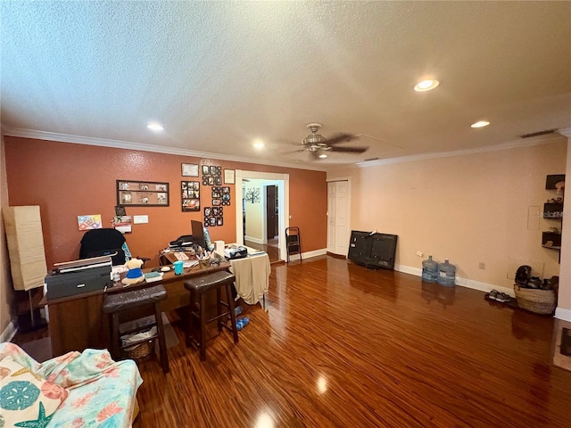 3411 Holland Dr, Brandon, FL 33511 - home office with wood finished floors, recessed lighting, ceiling fan, ornamental molding, and a textured ceiling