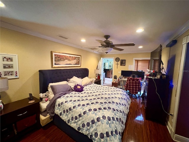 3411 Holland Dr, Brandon, FL 33511 - bedroom with wood finished floors, ornamental molding, recessed lighting, and a ceiling fan