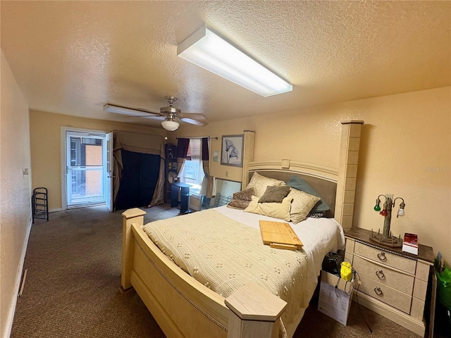 3411 Holland Dr, Brandon, FL 33511 - carpeted bedroom with a textured ceiling, a ceiling fan, and access to exterior