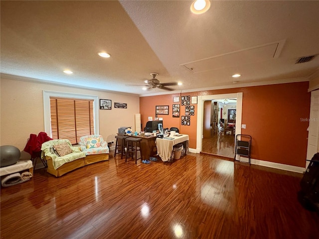 3411 Holland Dr, Brandon, FL 33511 - home office with attic access, crown molding, a ceiling fan, wood finished floors, and recessed lighting