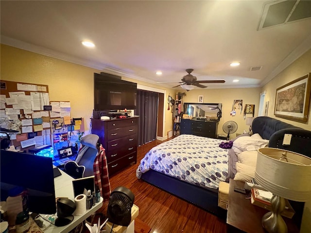 3411 Holland Dr, Brandon, FL 33511 - bedroom with ornamental molding, wood finished floors, recessed lighting, and ceiling fan
