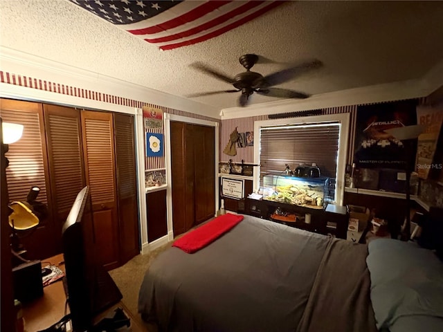 3411 Holland Dr, Brandon, FL 33511 - bedroom with a textured ceiling, multiple closets, a ceiling fan, and wallpapered walls
