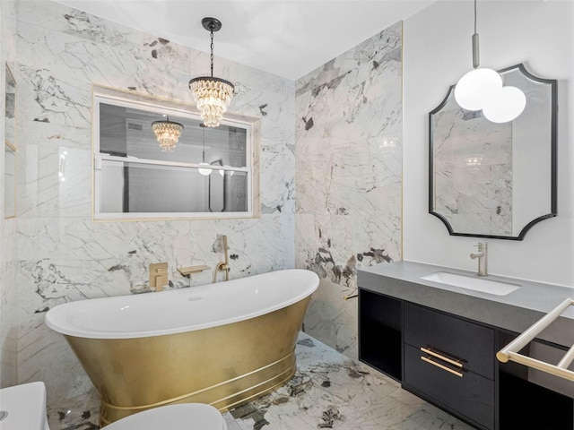 1570 48th Ave N, Saint Petersburg, FL 33703 - full bath with marble tiled flooring, a freestanding tub, a chandelier, tile walls, and vanity