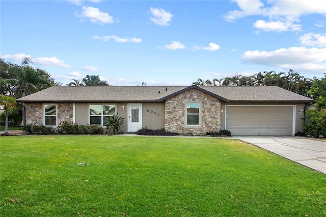 6801 34th Ave W, Bradenton, FL 34209 - ranch-style house with stone siding, an attached garage, driveway, a front lawn, and stucco siding