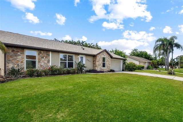 6801 34th Ave W, Bradenton, FL 34209 - ranch-style home with stone siding, concrete driveway, a garage, and a front lawn