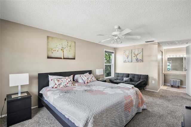 6801 34th Ave W, Bradenton, FL 34209 - carpeted bedroom with radiator heating unit, a textured ceiling, and ceiling fan