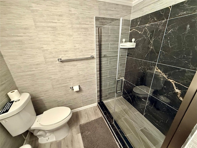6801 34th Ave W, Bradenton, FL 34209 - bathroom with a stall shower, wood finished floors, and tile walls