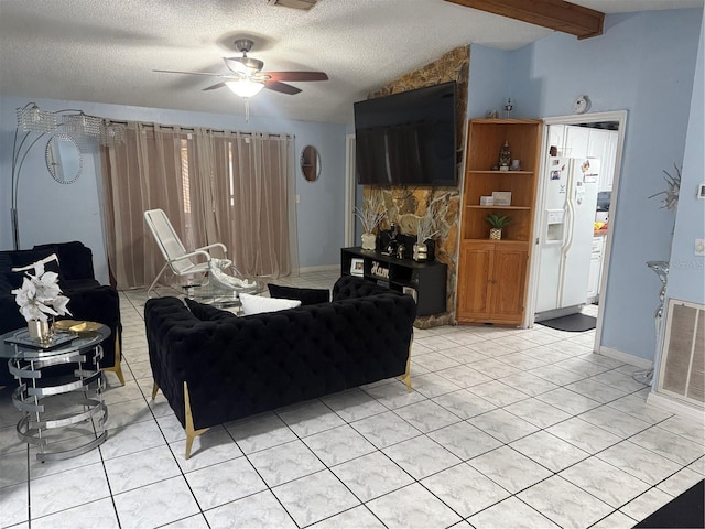 9705 Kingsburgh Ct, Tampa, FL 33615 - living room with ceiling fan, light tile patterned floors, and a textured ceiling